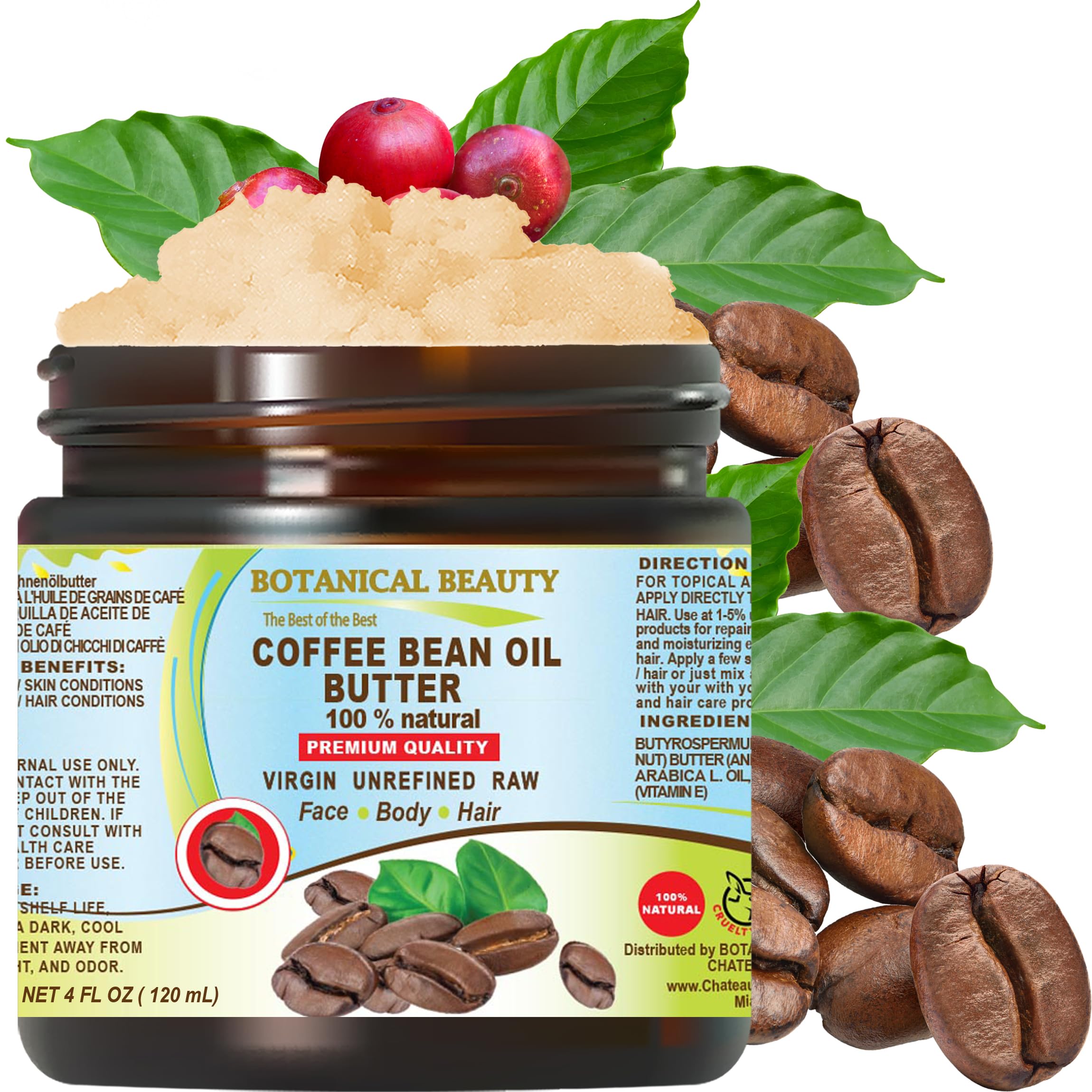 Botanical Beauty COFFEE BEAN OIL BUTTER 100% Natural VIRGIN RAW UNREFINED 4 Fl.oz.- 120 ml. Coffee Bean Essential Oil in Shea Nut Butter for FACE,