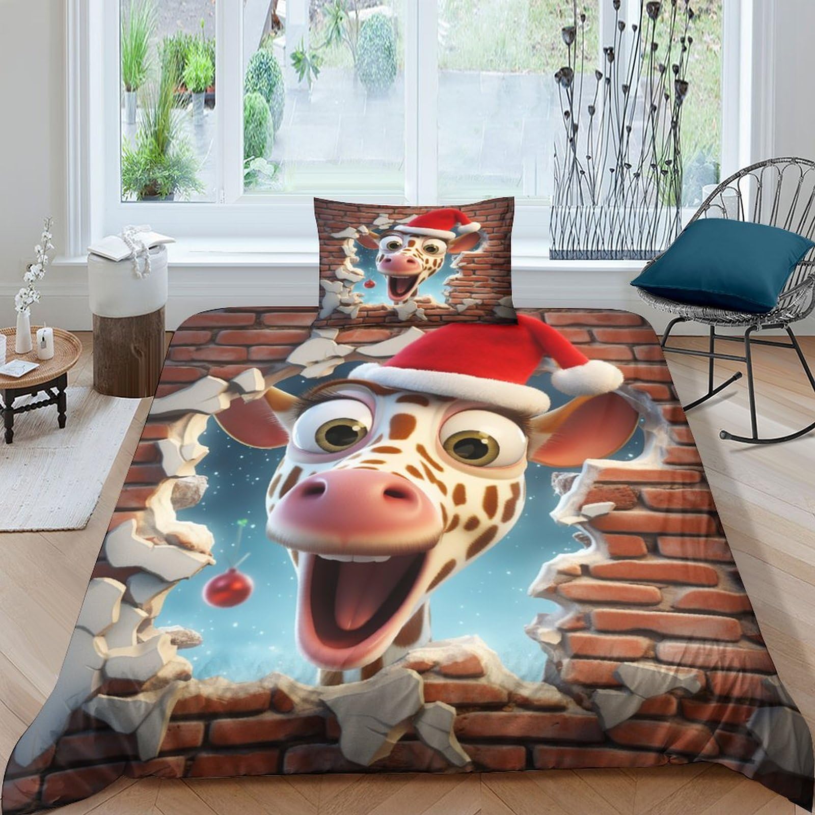 Housse de couette girafe 3D, le cadeau de Noël parfait en parure de lit 135x200cm
