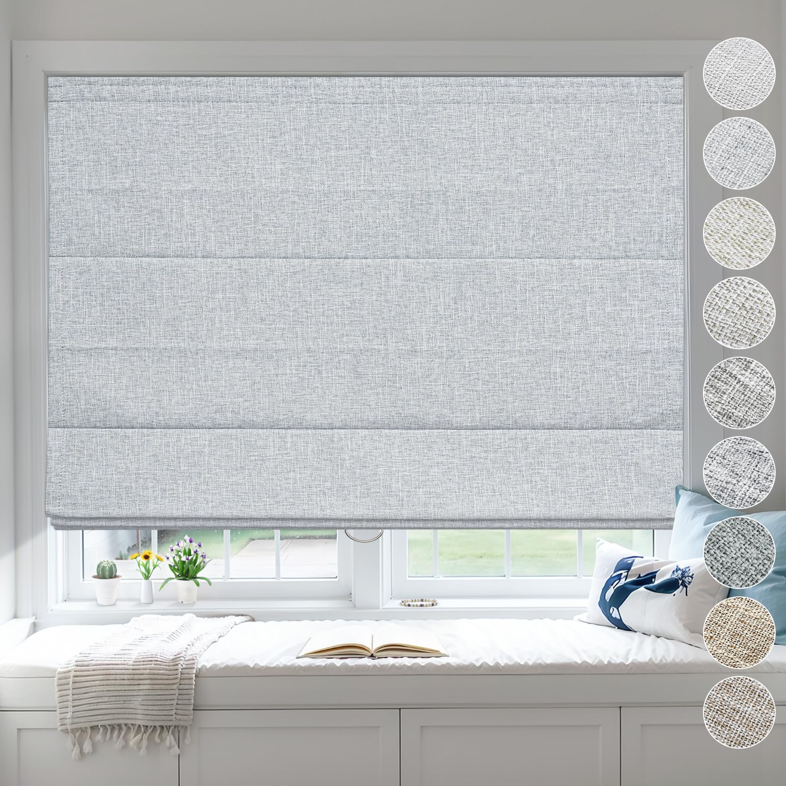 Moonice Cordless Roman Blinds Blackout Linen Roman Shades Waterproof Fabric Shades for Indoor Windows Thermal Insulated Window Blinds for Bedroom Home Office Light Grey, 50cm W x 120cm H