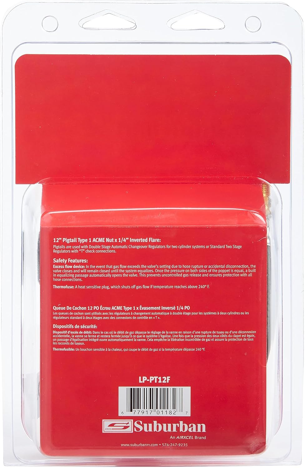 Suburban LP-PT12F 12-Inch Pigtail Type 1 Acme Nut with 1/4-Inch Inverted Flare for Safe and Easy Propane Gas Transfer in Your RV or Motorhome