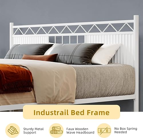 Miniatura 4 de DWVO Base de cama de metal blanco King con cabecero, soporte de listones resistente y resistente debajo de la cama, no necesita somier, sin ruido,