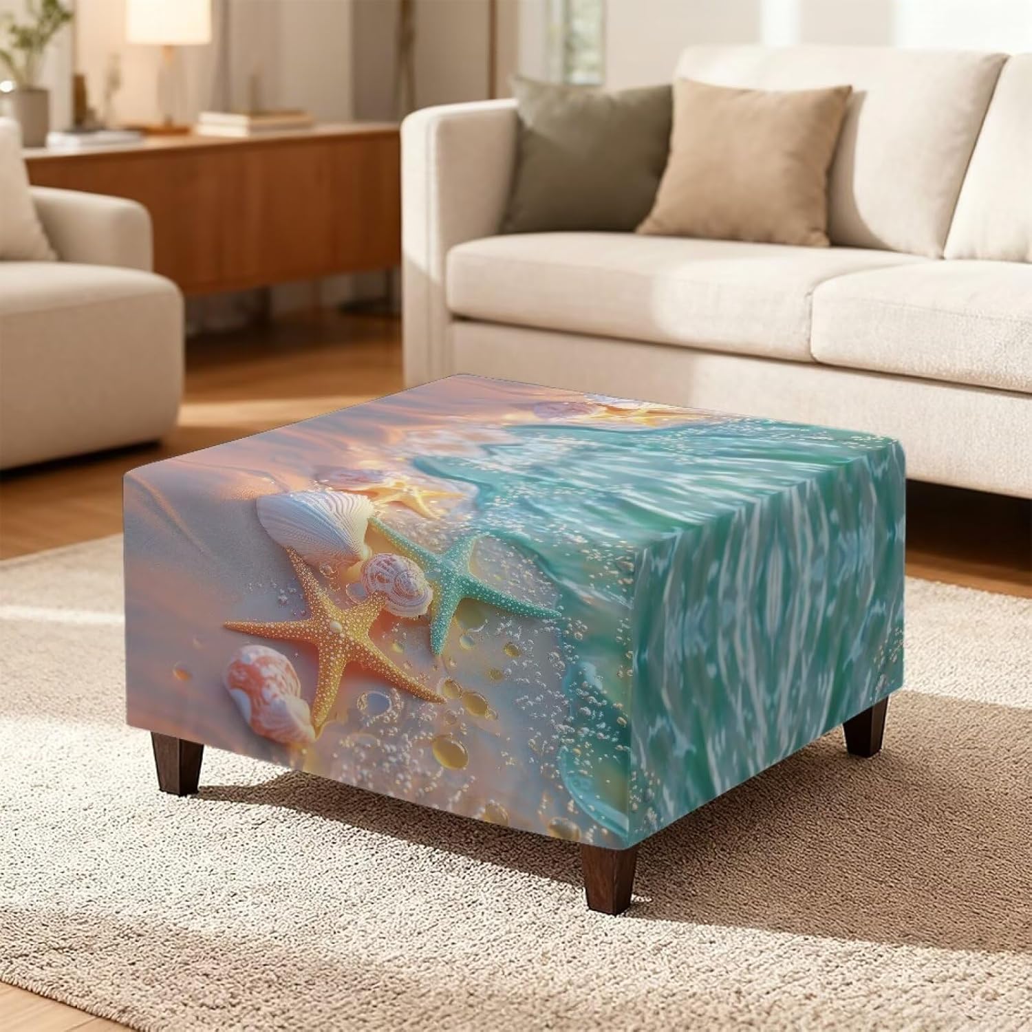 Shell Sarfish Ottoman Cover Square Stretch Removable Footstool Protect Footrest Covers Elastic Bottom for Living Room Decor Fit Length 17"-22"