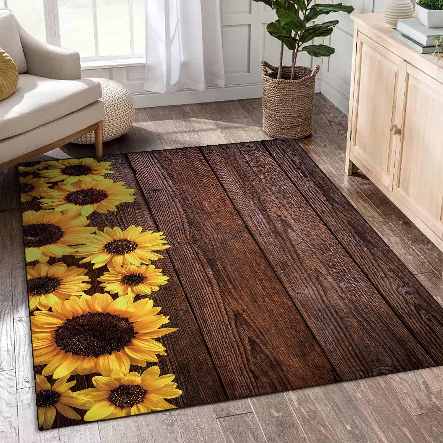 Area Rug 5'x6' Floor Mat Non-Slip Rugs Washable Carpet for Living Room Bedroom Dining Indoor Decor Gift Sunflower on Wood