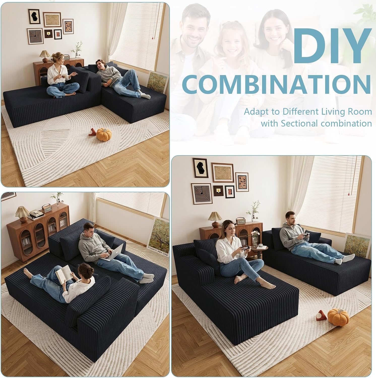 71"Oversized Chaise Lounge Chair,Sectional Double Lounge Chaise with Pillows, Upholstered Corduroy Boneless Lounge Chair, Fluffy Modern Loveseat Sleeper Sofa for Living Room or Bedroom (Black)