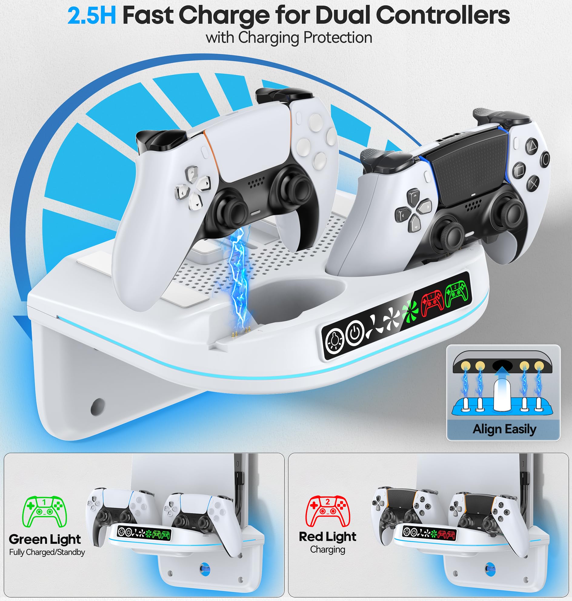 Rysker PS5 Wandhalterung kompatibel mit Playstaiton 5/Slim/Pro mit Controller Ladestation, PS5 Wall Mount mit Kühler und 9 RGB Licht