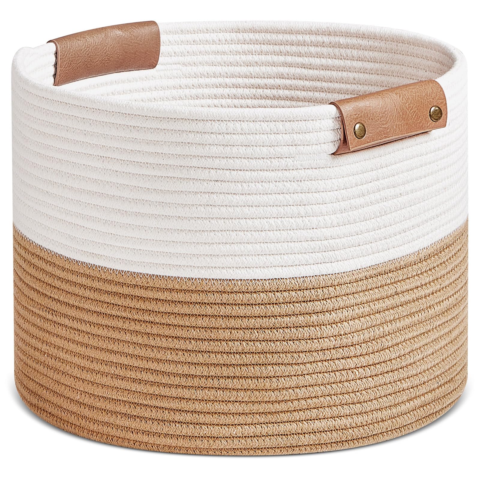 R RUNKA Round Basket 14" x 11", Boy Basket for Baby with Leather Handles,Organizer Basket Set for Laundry, Toys, Books and Baby Blankets