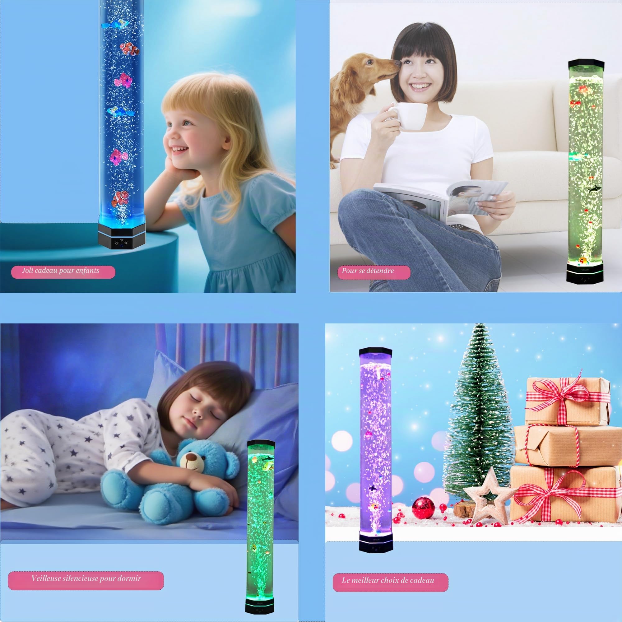 Lampe octogonale extra large de 81,3 cm pour aquarium – Tube sensoriel Jumbo de 12,7 cm de large avec 5 poissons et requins mignons, base stable de 14 cm avec LED bleu moderne, veilleuse à 16 couleurs