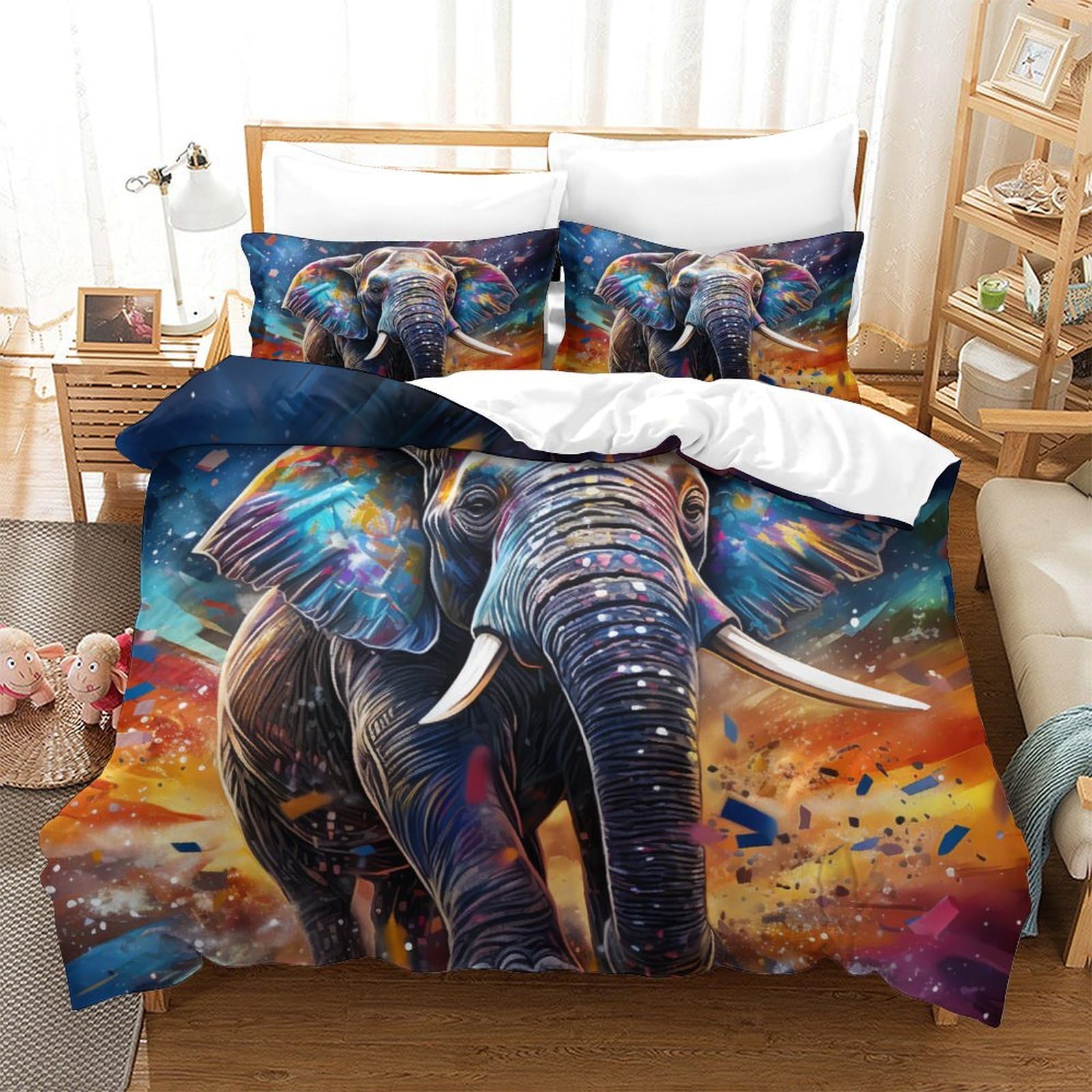 Parure de lit éléphants 3D avec fermeture éclair pour lit King