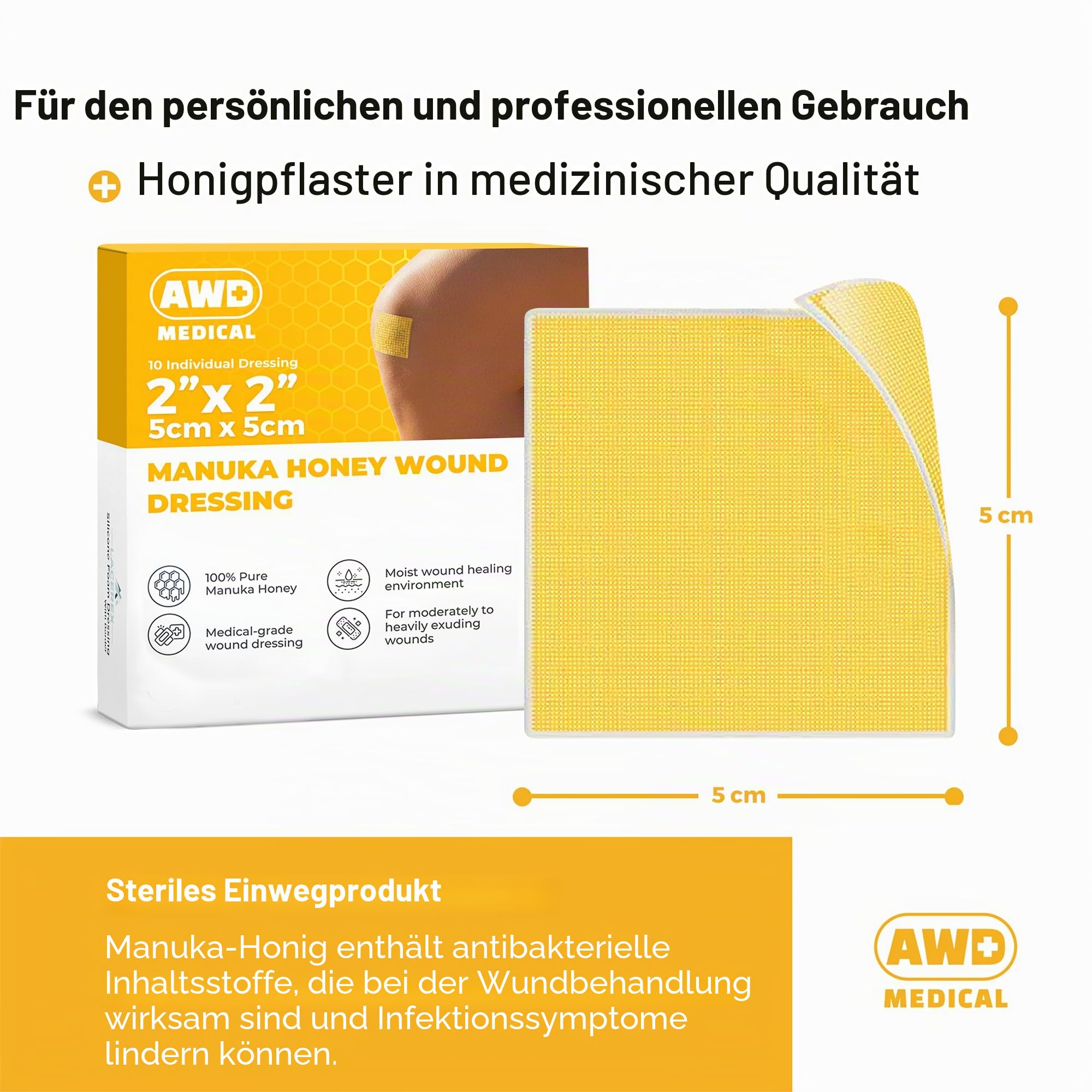 AWD Manuka-Honiggaze-Verband – 100 % imprägnierte medizinische Honigpflaster – Medizinbedarf, Wundpflege und Erste Hilfe – Mullpads (5,1 x 5,1 cm, 10 Stück)
