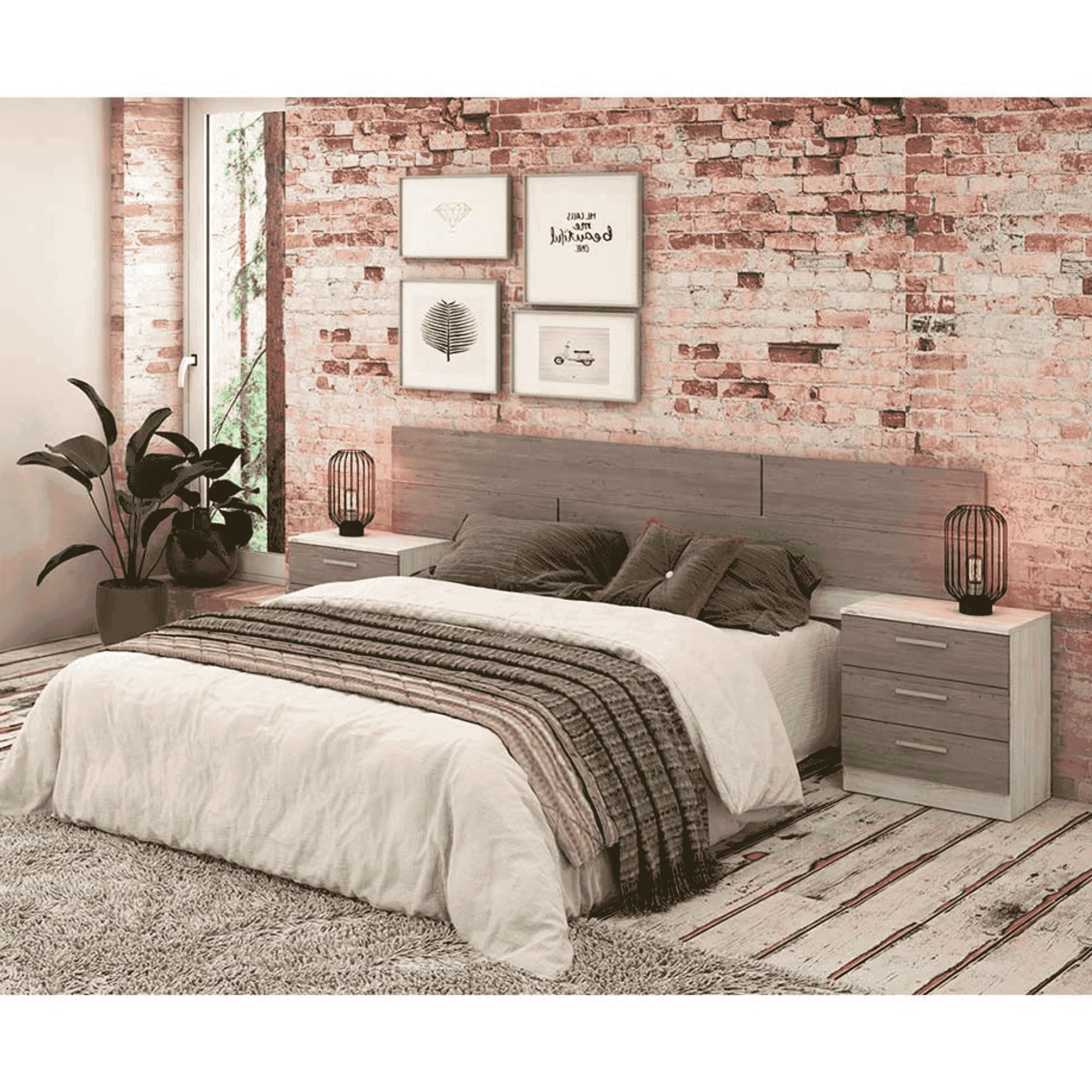 Pack Cabecero y 2 Mesitas de Noche, Dormitorio Doble, Dormitorio Completo, Acabado Pino Gris, 220 cm (An) x50 cm(Al) x 35 cm(Fon) - Meyvaser