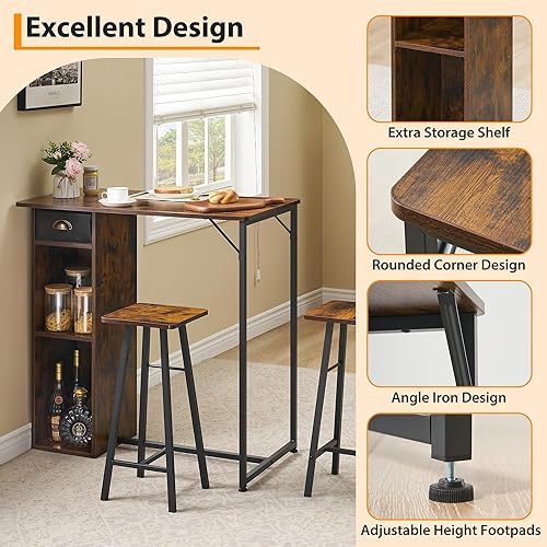 Miniatura 4 de Juego de mesa de comedor de 3 piezas para 2, mesa de comedor de altura de mostrador con estantes de almacenamiento y 2 taburetes, muebles de cocina
