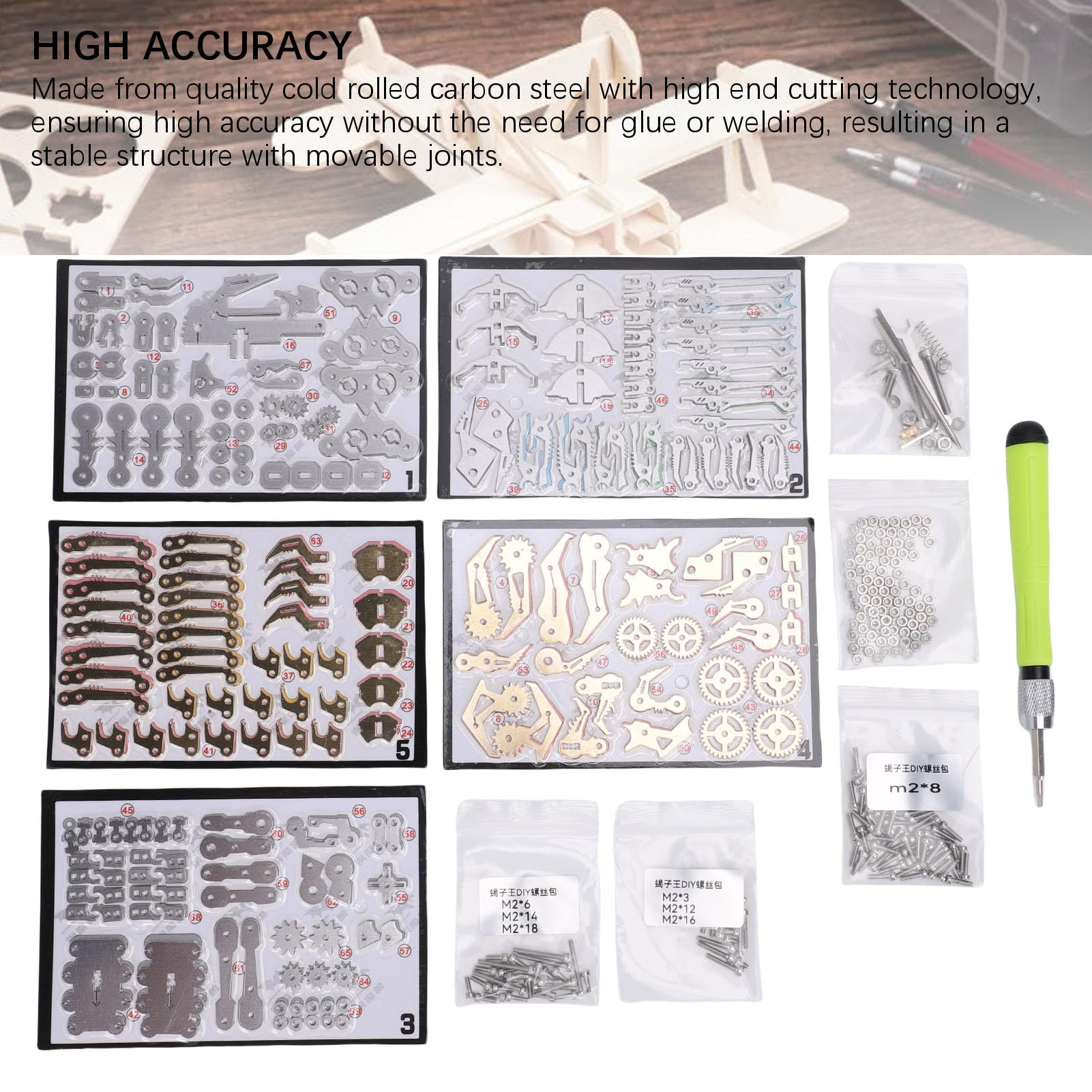 Topiky Puzzle Metalowe 3D Edukacyjna Zabawka STEM DIY Montaż Mechaniczny Model dla Dzieci Dorośli Bez Kleju i Spawania Materiał: Metal Ilość: 5 Bloków Plansza 1 Opakowanie Bezpieczne dla Dzieci 8+