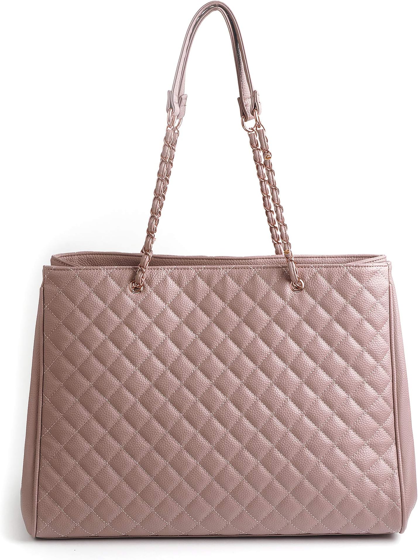 Women's Large Travel Tote Quilted Purse and Work Laptop Handbag - Rose Gold Hardware With Satin Interior