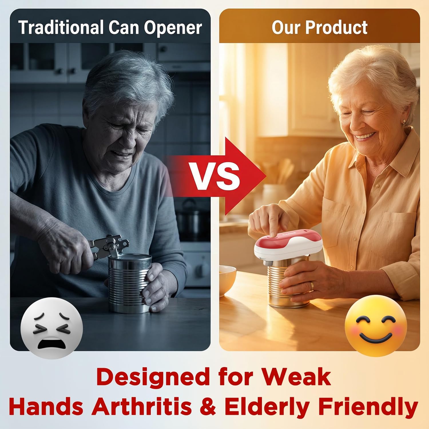 CACOE Automatic Smart Electric Can Opener with Auto Stop & USB-C Charging - Cordless Can Opener for Elderly and Arthritic Users for Seniors & Arthritis, Effortless One-Touch Open (red)