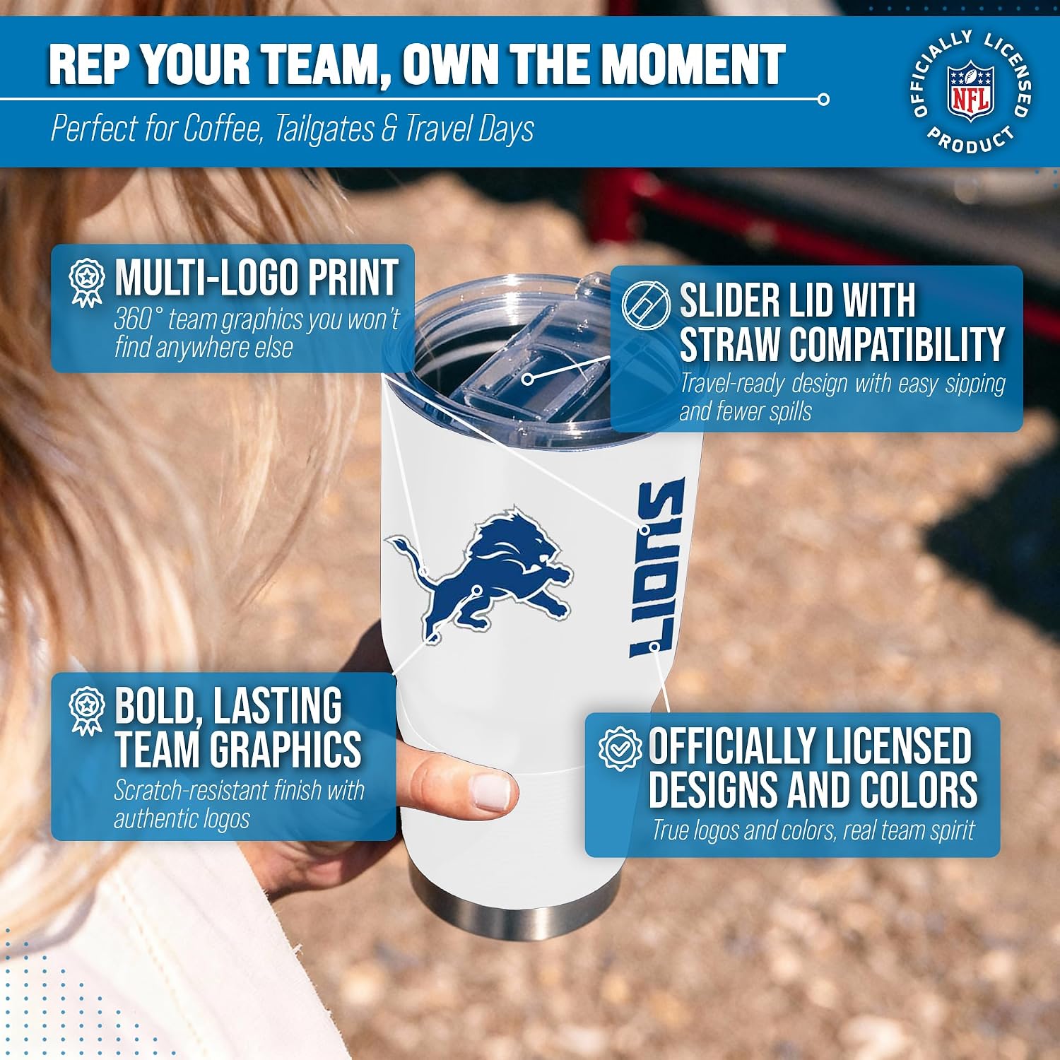 Detroit Lions NFL 30oz Tumbler, Insulated, Slider Lid, BPA-Free | Gameday stainless steel drinkware - double-wall vacuum seal, fits most cupholders, silicone grip base, officially licensed