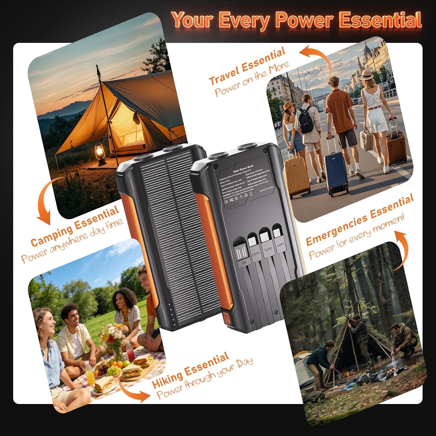 Solar Charger Power Bank 20000mAh, Portable Charger with 4 Cables | 3 Ports Fast Charging External Battery Pack with USB C for Phones iPad, Solar Panel Charger with Dual Flashlight for Camping 6 81a7CU4J3OL. AC SL1500