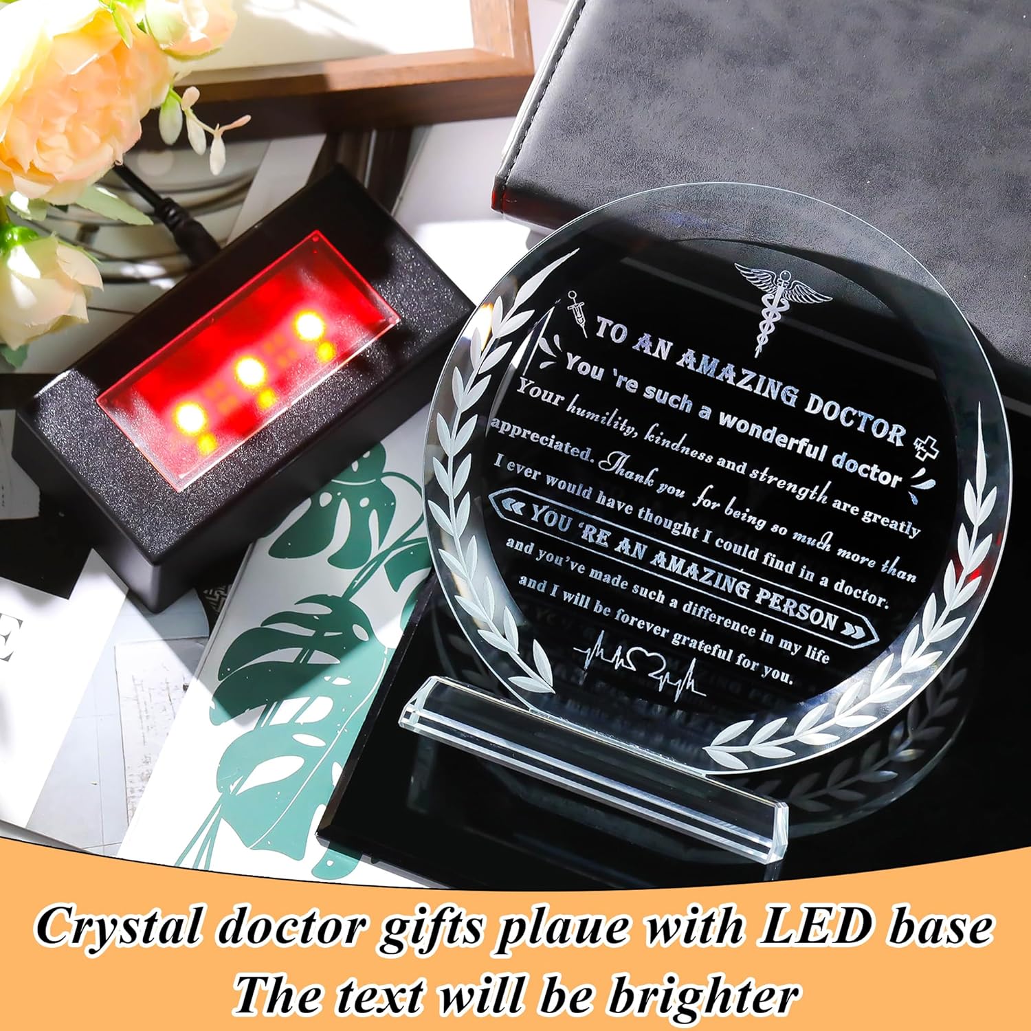Doctor Appreciation Gifts for Women Men - Crystal Plaque Keepsakes with Light Base - Best Thank You Doctors Gift for Doctors' Day Birthday Christmas Thanksgiving Grateful Dr. Decor For Female Friend - Image 7