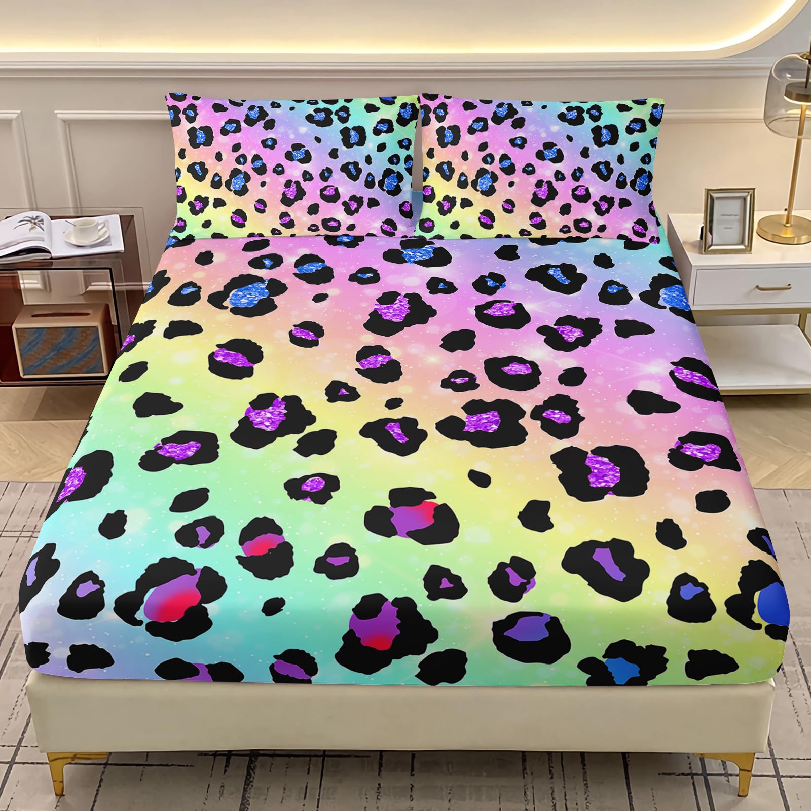AILONEN Girls Leopard Print Fitted Sheet Set Twin Size,Modern Colorful Rainbow Bedding Set 3Pcs for Kids Teens Aduls,Cheetah Printed Bed Sheet with 2 Pillowcases