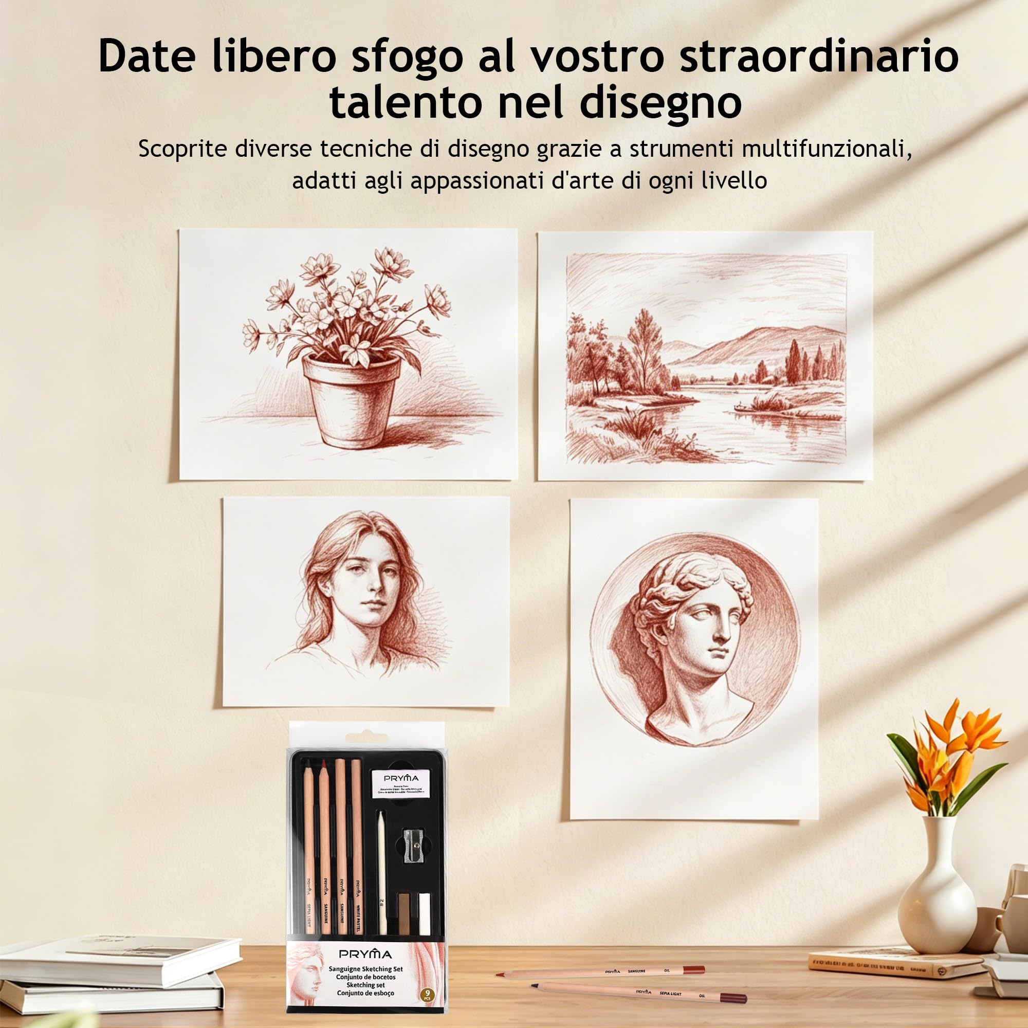 Sanguigne Sketching Set – Set da Disegno Artistico con Matite, Temperino e Gomma Pane
