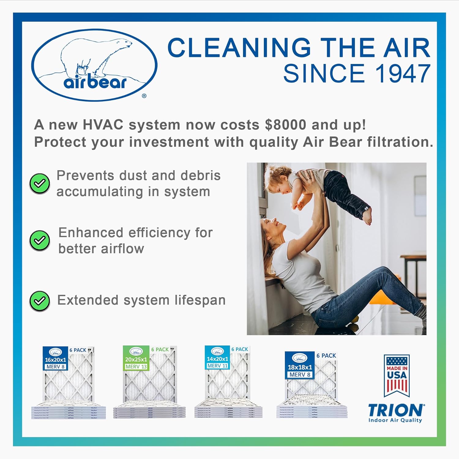 Trion Air Bear T08-1"" MERV 8 Pleated Air Filter (6-Pack) (14x20x1), T08-6P