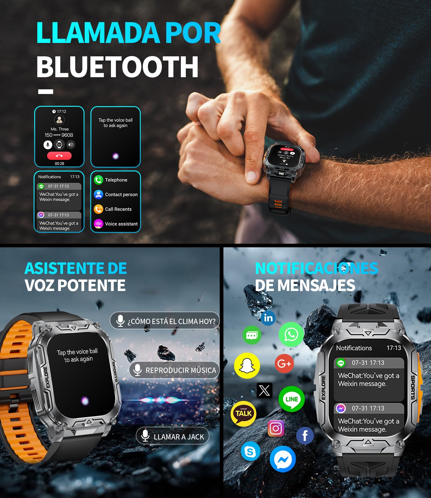 Reloj Inteligente Hombre, Batería 1000 mAh, Linterna LED,Smartwatch para Correr con Pantalla HD 2.01", Podómetro, Monitor de Sueño, IP68 Impermeable, Smartwatch Android iOS (Negro-Naranja)