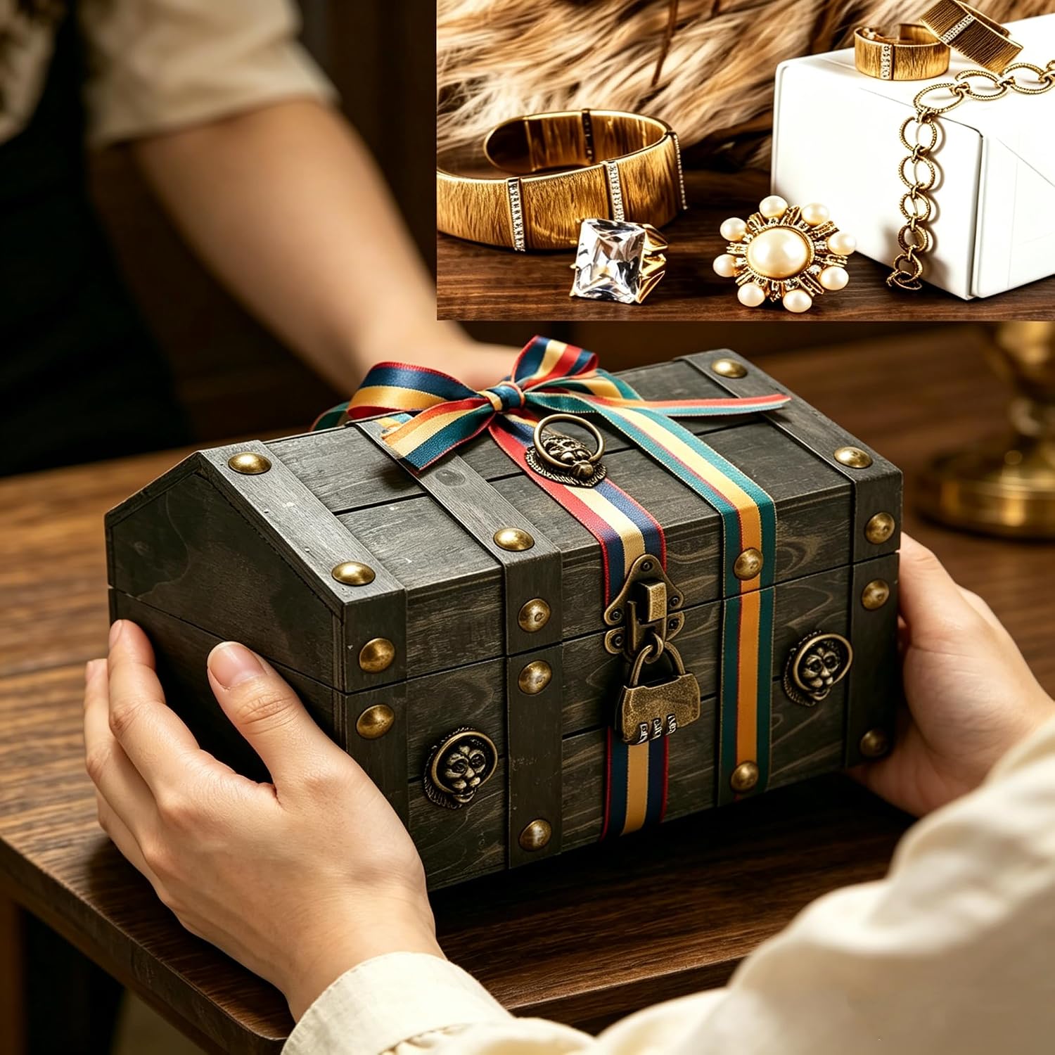 TeamSky Vintage Wooden Boxes With Lock,Wooden Storage and Decorative Box Treasure Jewelry Chest,Handcrafted Decorative Boxes with Lids for Home Decor (6300J-03GK10)