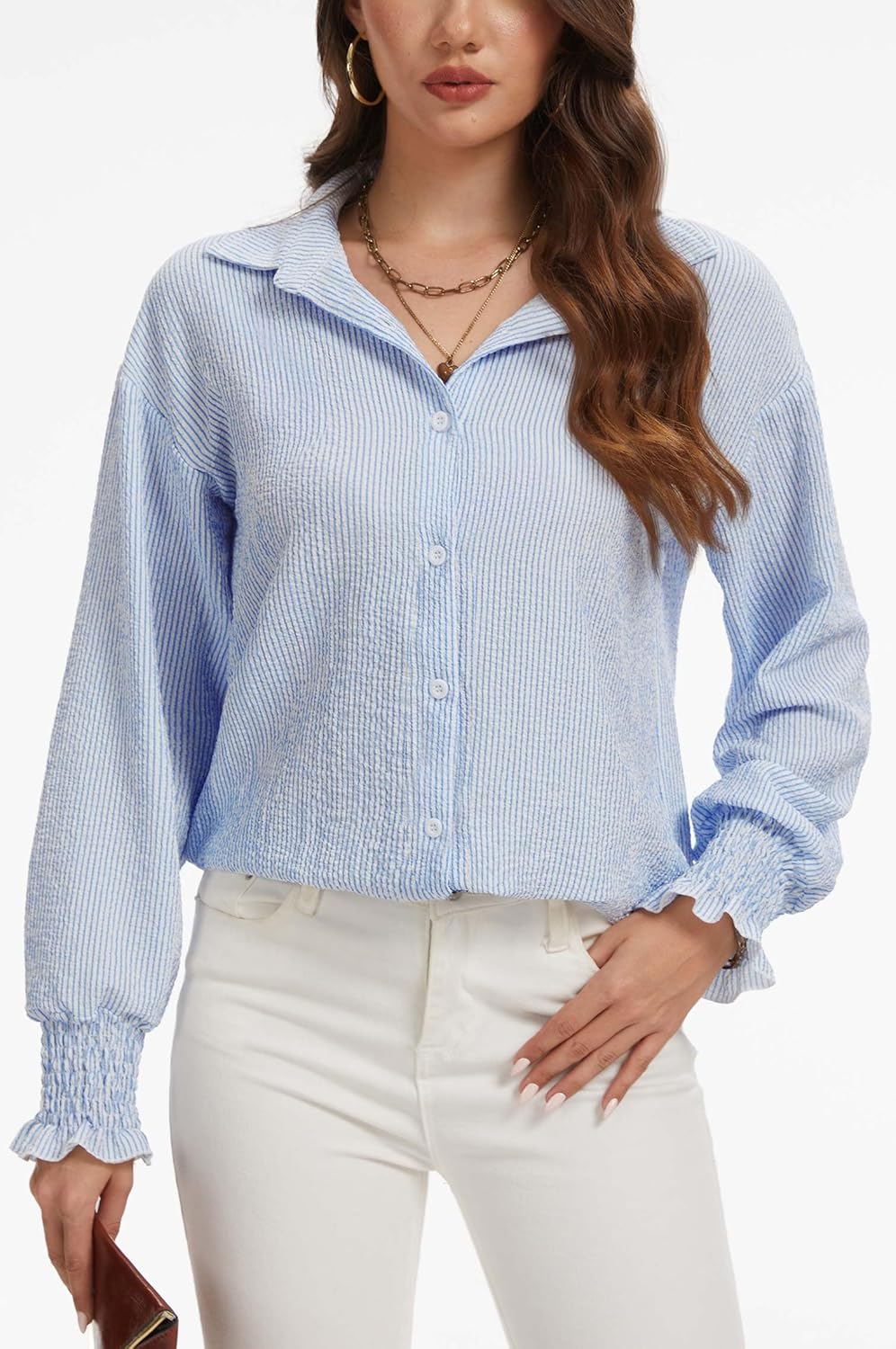 WEACZZY Women's Striped Button Down Shirts Long Sleeve Smocked Cuffed Oversized Boyfriend Blouses Collared Causal Tops - Image 2