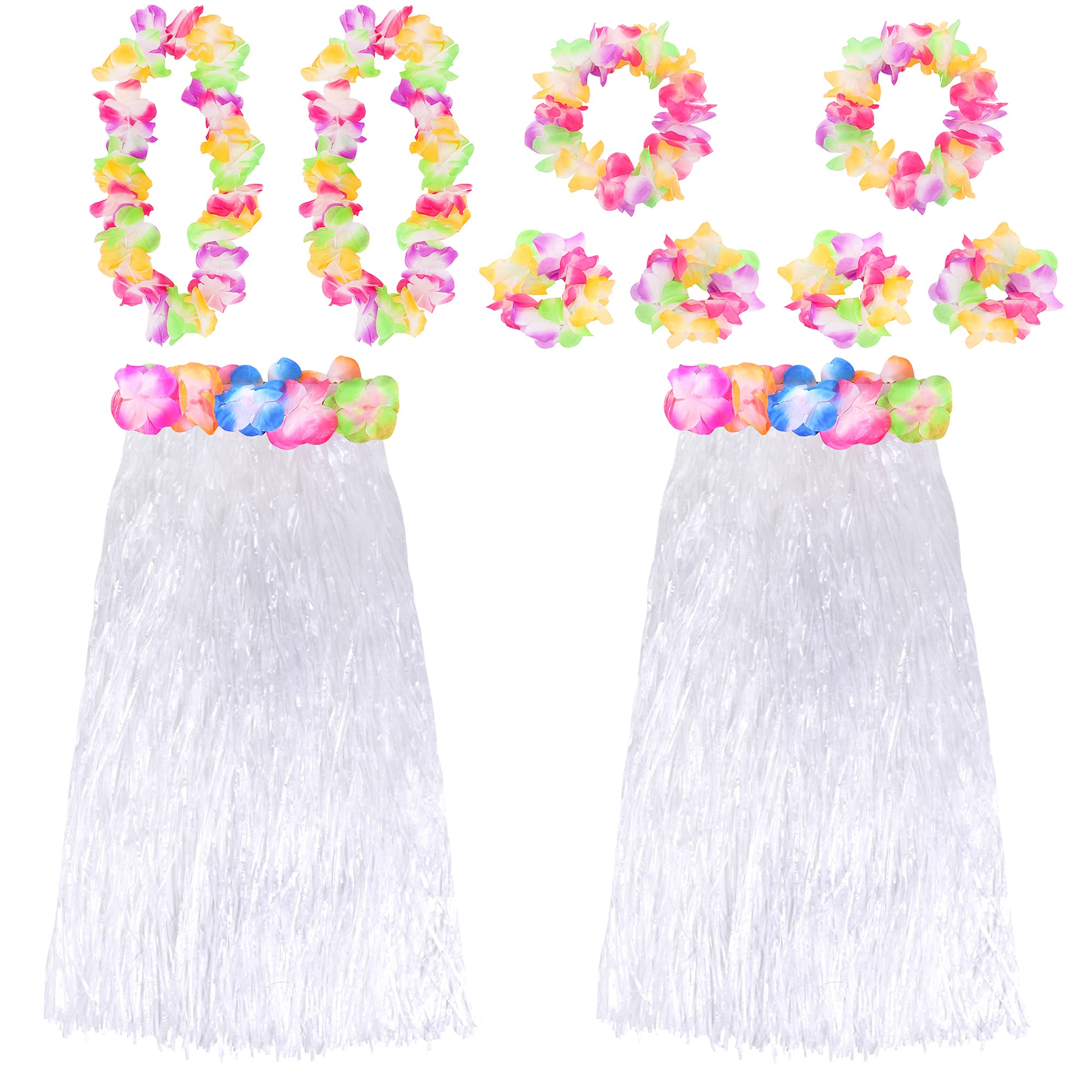 White Hawaiian Hula Skirt and Multicoloured Lei Set X2 - Flower Necklace, Headband and Bracelet - 80cm Grass Hula - Luau - Fancy Dress Costume Accessory