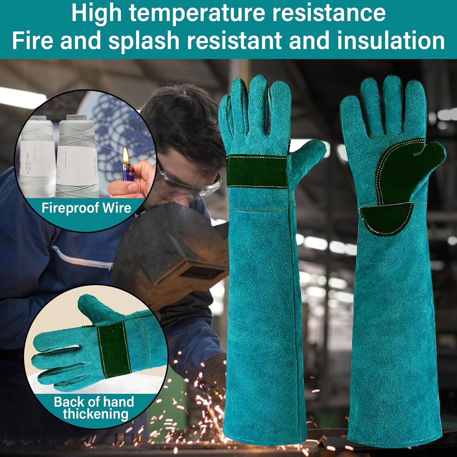 2 Pack 23.6Inch Animal Handing Gloves Bite Proof(Blue&Yellow) Leather Welding Gloves,Multipurpose Puncture Proof Gloves,Puncture and Scratch Resistant for Dog Training,Cat Scratch,Falcon