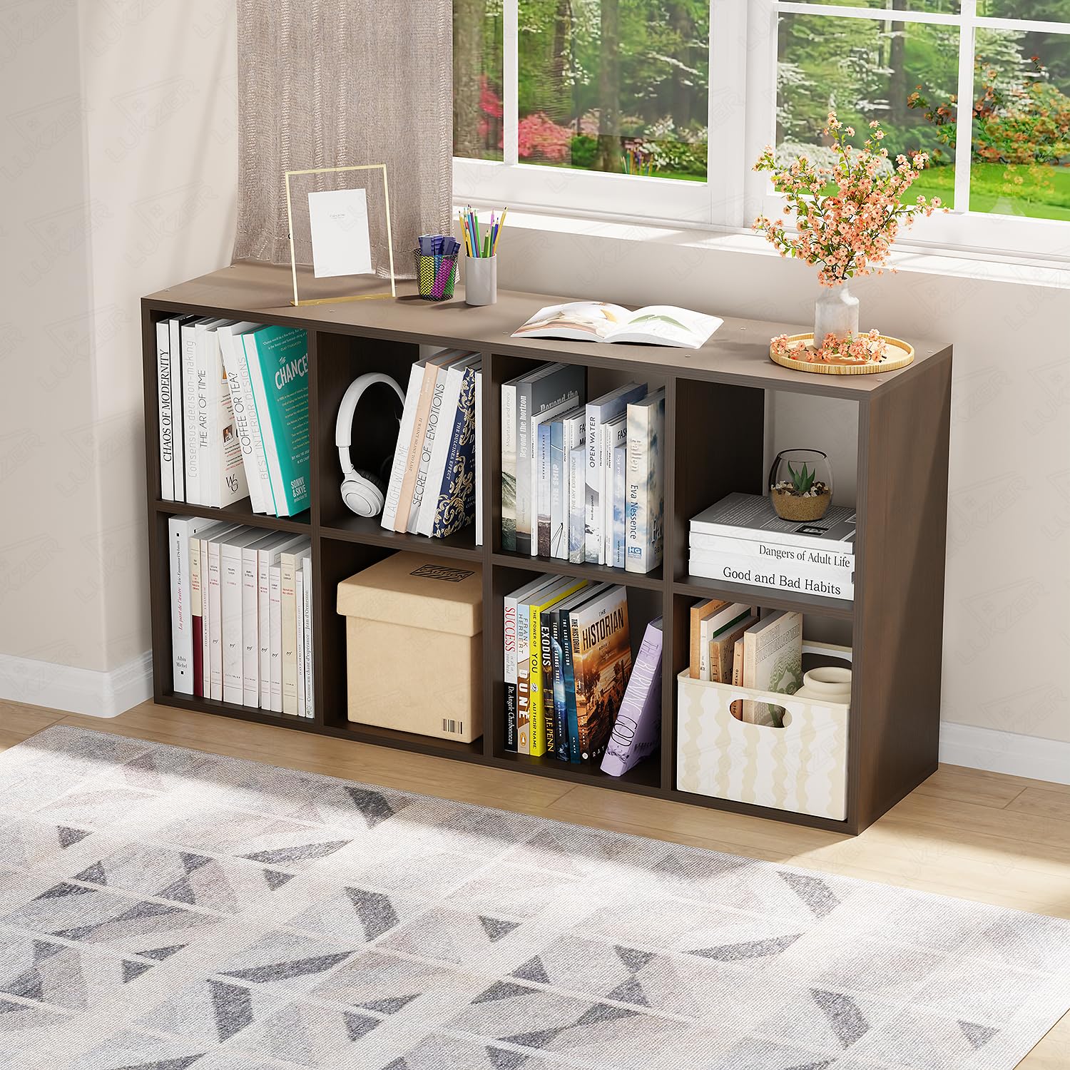 Lukzer 8-Shelf Engineered Wood Bookshelf Storage Organizer | Open Cube Cabinet for Living Room, Kitchen, Office, Home Use | Wenge Finish | MR-009, 110x60x28cm | DIY Assembly with Detachable Components