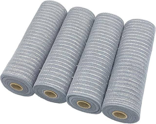 4 Rolls Decor Poly Mesh Ribbon, 10 Yards Christmas Mesh Ribbon, Metallic Foil Poly Mesh Deco Mesh Rolls for Xmas Tree, Wreath, DIY Crafts, Swag, Bow, Garland (Silver)