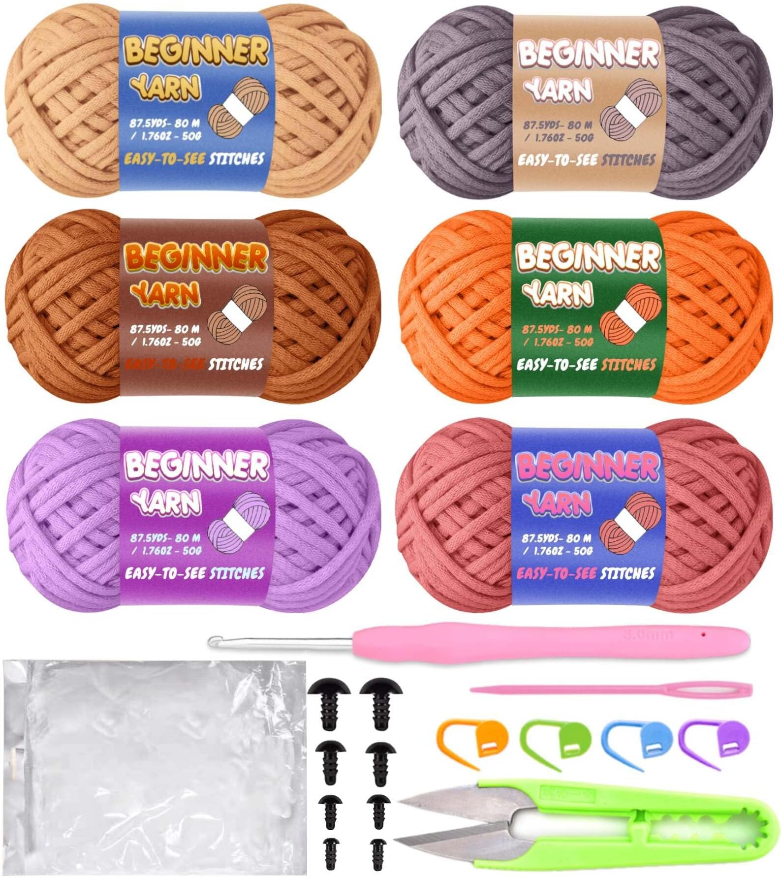 FECLOUD6 Pack Beginners Crochet Yarn with Stuffing, Brown Purple Gray Orange Yarn for Crocheting Knitting Beginners, Easy-to-See Stitches, Chunky Thick Bulky Cotton Soft Yarn for Crocheting (6x50g)