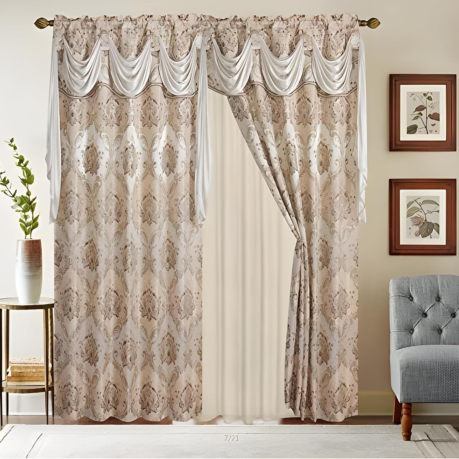 Tende di lusso per finestra jacquard per soggiorno e camera da letto, 137 x 213 cm (larghezza x lunghezza), set di 2 pannelli con mantovana attaccata, retro e 2 fermatende, elegante design