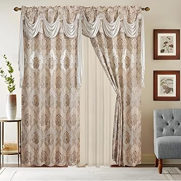 Sapphire Home Jacquard Window Curtain Drapes - Attached Valance Scarf, Sheer Backing, 2 Tassels - Traditional Floral Curtain Drape - Living/Dining Rooms Beige, 63"