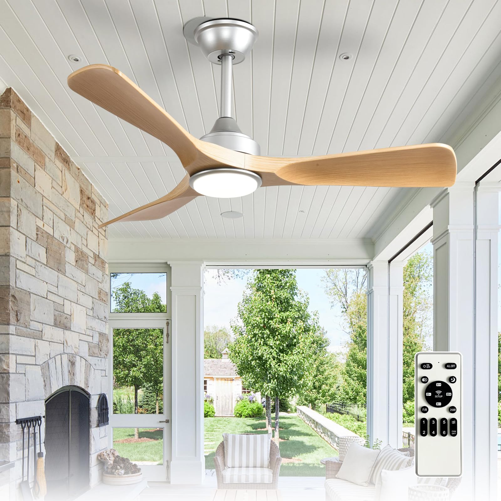 Depuley 42-Inch Ceiling Fan with Light: Wood 3 Blade Outdoor Fans for Patios - Dimmable Indoor Ceiling Fan with Remote Control Fandelier Ultra Quiet DC Motor Reversible 6 Speed Timer