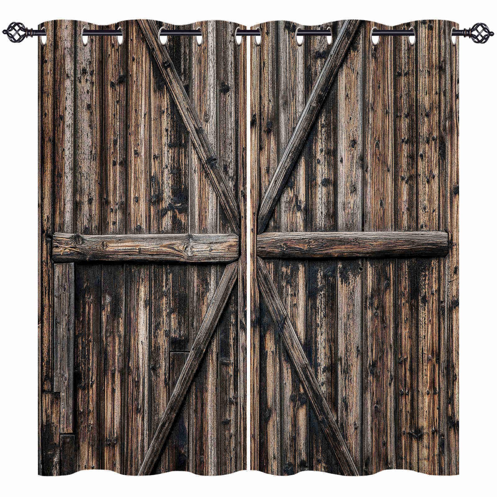 ANHOPE Wooden Barn Door Curtains Eyelet 80% Blackout Room Darkening Curtains Rustic Farmhouse Vintage Gate Print Pattern Light Blocking Window Drapes for Bedroom Living Room 52 x 63 Inch Drop 2 Panels