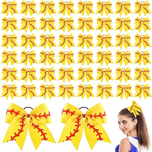 Miniatura 8 de Yunlly 50 lazos blancos de animadora de 8 pulgadas, lazos grandes para el pelo para animadoras, cola de caballo, banda elástica, lazos para el