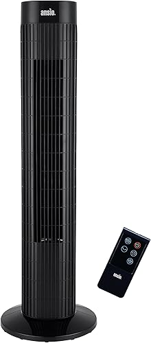 ANSIO Ventilador de torre oscilante negro con control remoto de 3 velocidades y 3 vientos, 30 pulgadas, ideal para habitaciones pequeñas