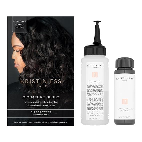 Kristin Ess Hair Gloss in Bittersweet Dark Brunette - 4 Wk Semi Permanent Hair Color for Women - Dark Brown Color Depositing Conditioner & Toner for Vibrant Color + Shine - Hair Dye Glaze - Vegan