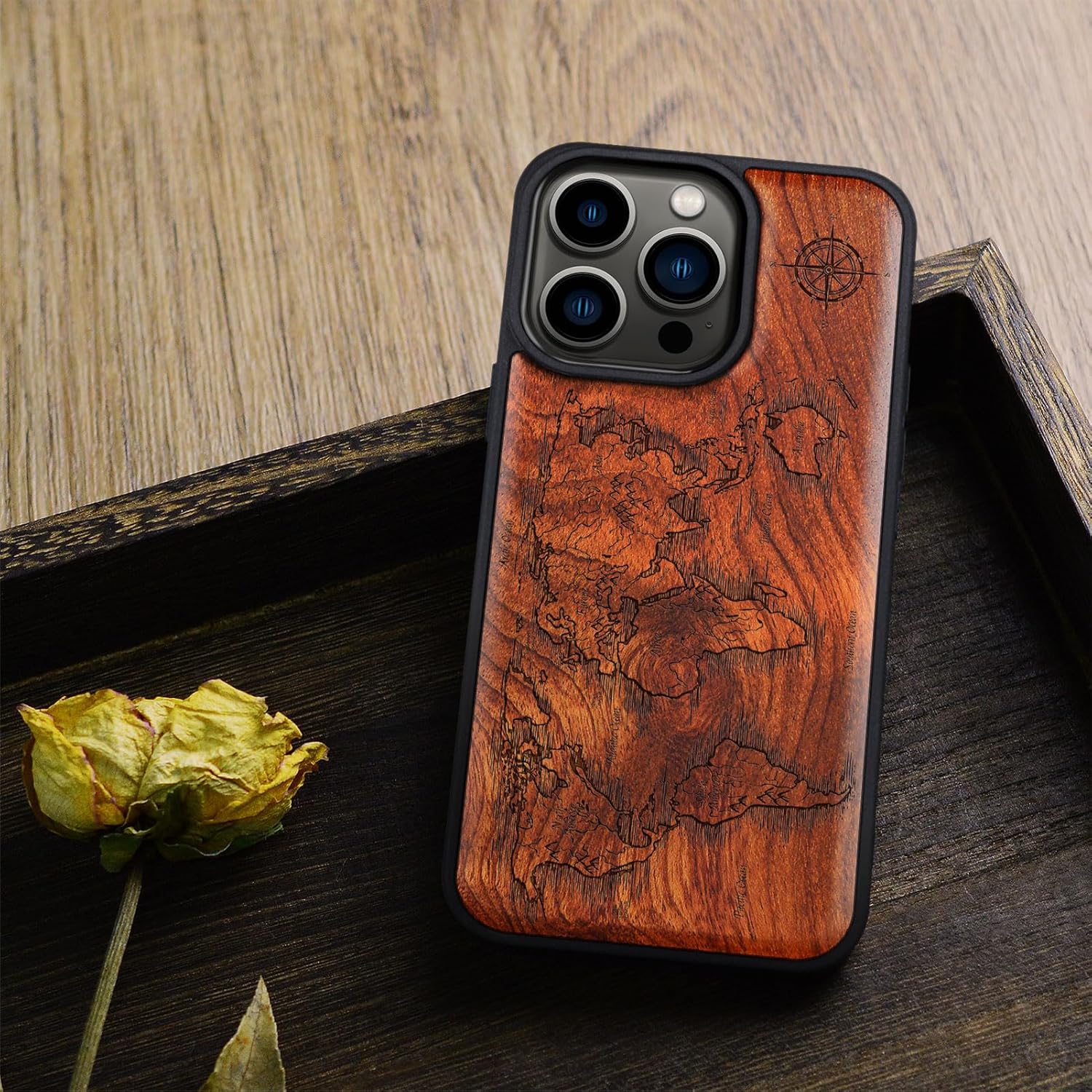 Carveit Magnetic Wooden Case for iPhone 15 Pro Case, Compatible with MagSafe Wireless Chargers, Black Soft TPU Shockproof Cover & Wood Artisan Engraved (Compass Maps) - Rosy