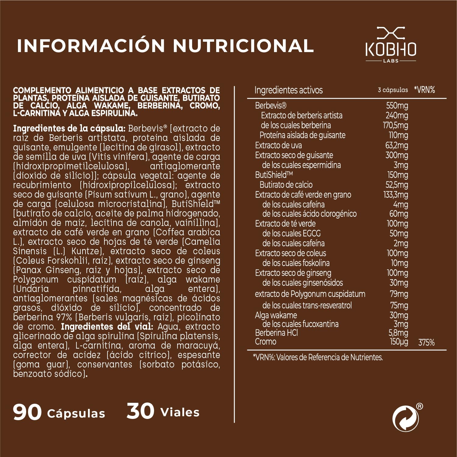 KobhoGLP Control del apetito y metabolismo con berberina, espirulina y L-carnitina, Protocolo saciante sin rebote, 90 cápsulas + 30 viales, Vegano, alta biodisponibilidad
