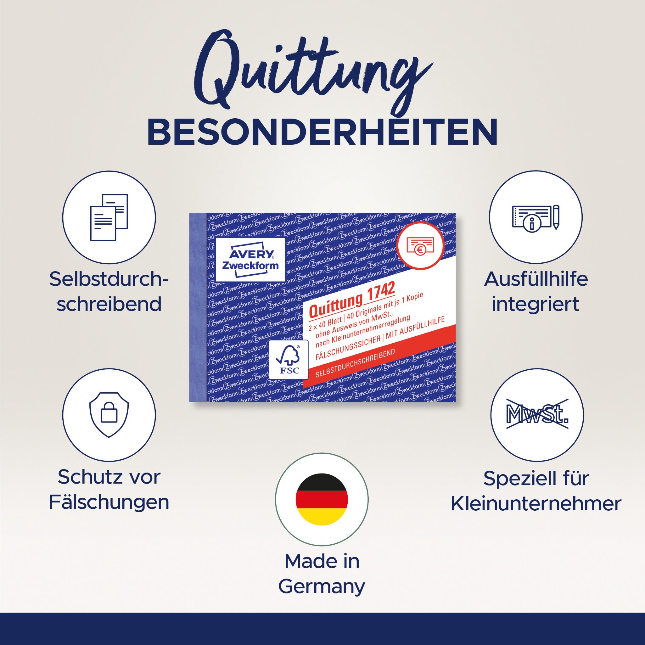 AVERY Zweckform 1742-10 Quittungsblock Kleinunternehmer (A6 quer, 2x40 Blatt mit Durchschlag, fälschungssicher, ohne MwSt. für DE/AT, nach Kleinunternehmerregelung) 10er-Pack, weiß/gelb