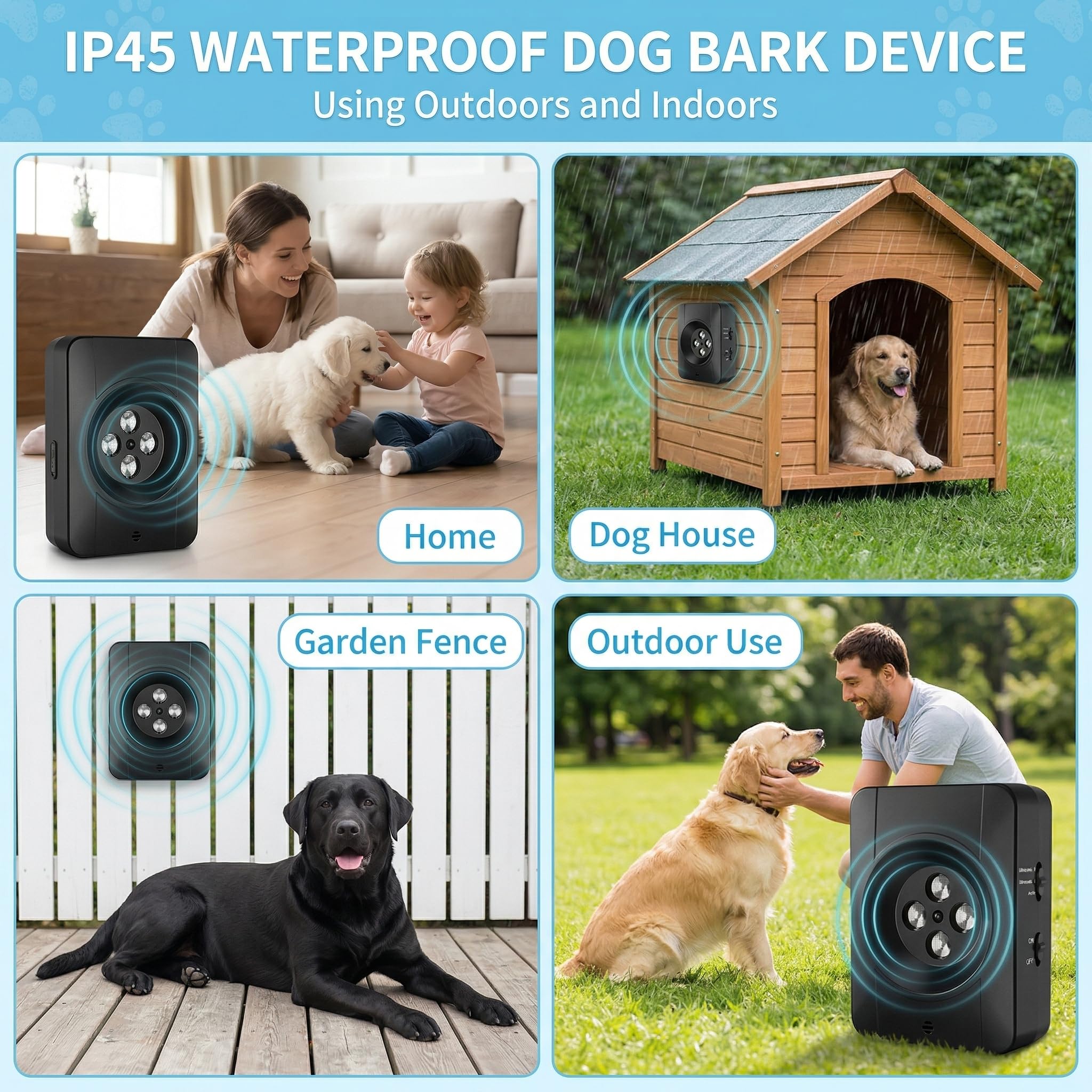 Anti Aboiement pour Chien, Auto Dispositif Anti Aboiement,Ultrasons 33FT Anti Aboiement pour Chien avec 3 Modes, Anti Aboiement Chien Voisin, étanche pour Chiens l'extérieur et l'intérieur (Noir)
