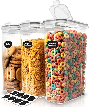 KICHLY Cereal & Dry Food Storage Container Set of 3   BPA Free Plastic   Airtight Kitchen Storage Containers   Cereal Dispenser for Kitchen & Pantry