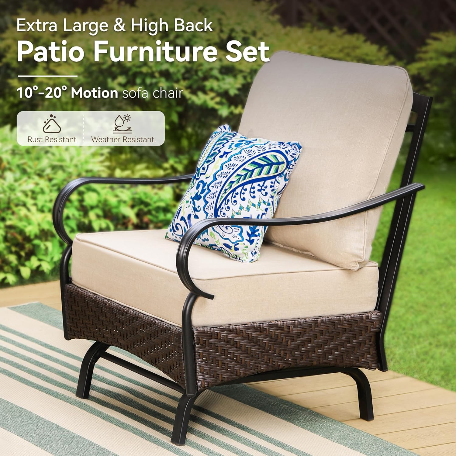 GREEN PARTY Extra Large Outdoor Patio Furniture Set with 56" Fire Pit Table 6 Pieces for 7, Modern Metal Patio Conversation Sets with High Back 3-Seat Sofa, 2 Motion Chairs, 2 Ottoman, 1 Pit Table