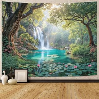 Lunerfex Nature Waterfall Tapestry - Forest Stream and Lotus Pond Wall Hanging for Bedroom and Living Room - Serene Landscape Decor 80"x60"