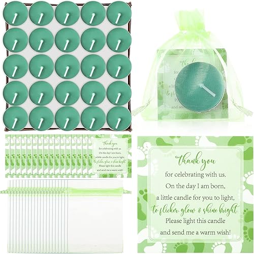 50 juegos de recuerdos de fiesta de baby shower, incluyendo 50 piezas de velas de té sin aroma para baby shower, bolsas de regalo y tarjetas para