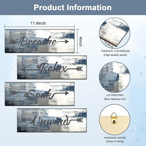 Miniatura 3 de Lnond 4 piezas de arte abstracto azul para pared, decoración de letreros de relajación y respiración, arte colgante de madera para baño, sala de spa