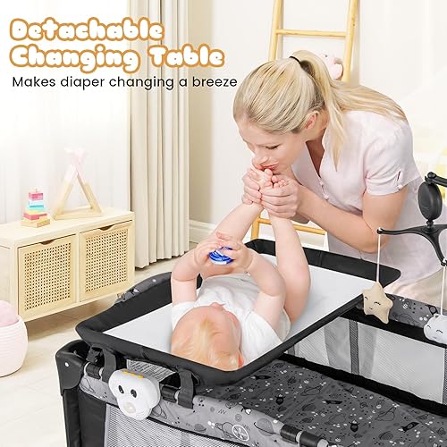 Miniatura 8 de BABY JOY 4 en 1 Pack and Play, corralito portátil para bebé con moisés, puerta lateral con cremallera, cambiador, ruedas con cerradura, caja de