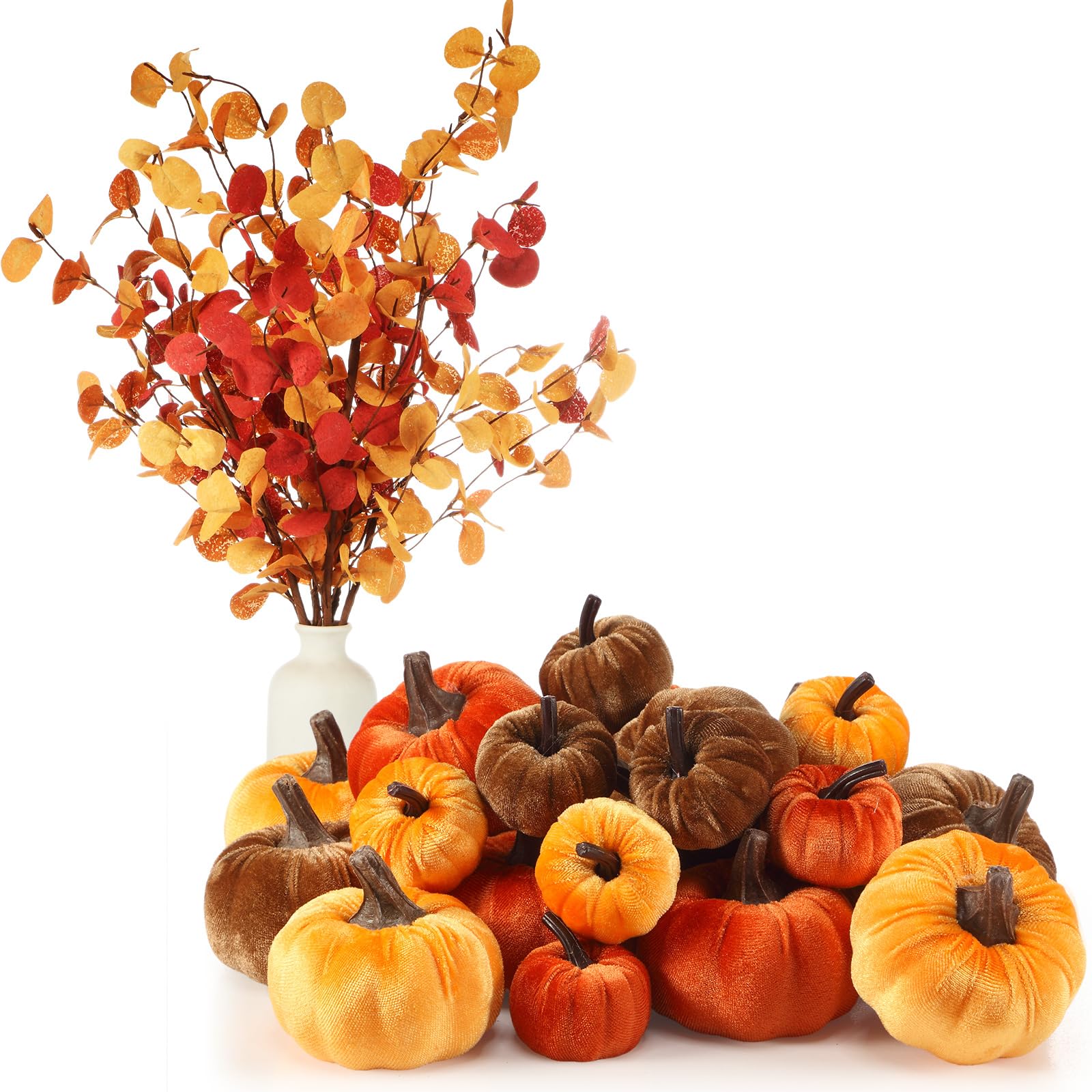 Conelist 30 Pcs Thanksgiving Party Decor Set 24 Pcs Fall Artificial Velvet Pumpkin 6 Pcs Autumn Artificial Eucalyptus Stem with Eucalyptus Leaves Fall Decor for Farmhouse Harvest Home Decoration